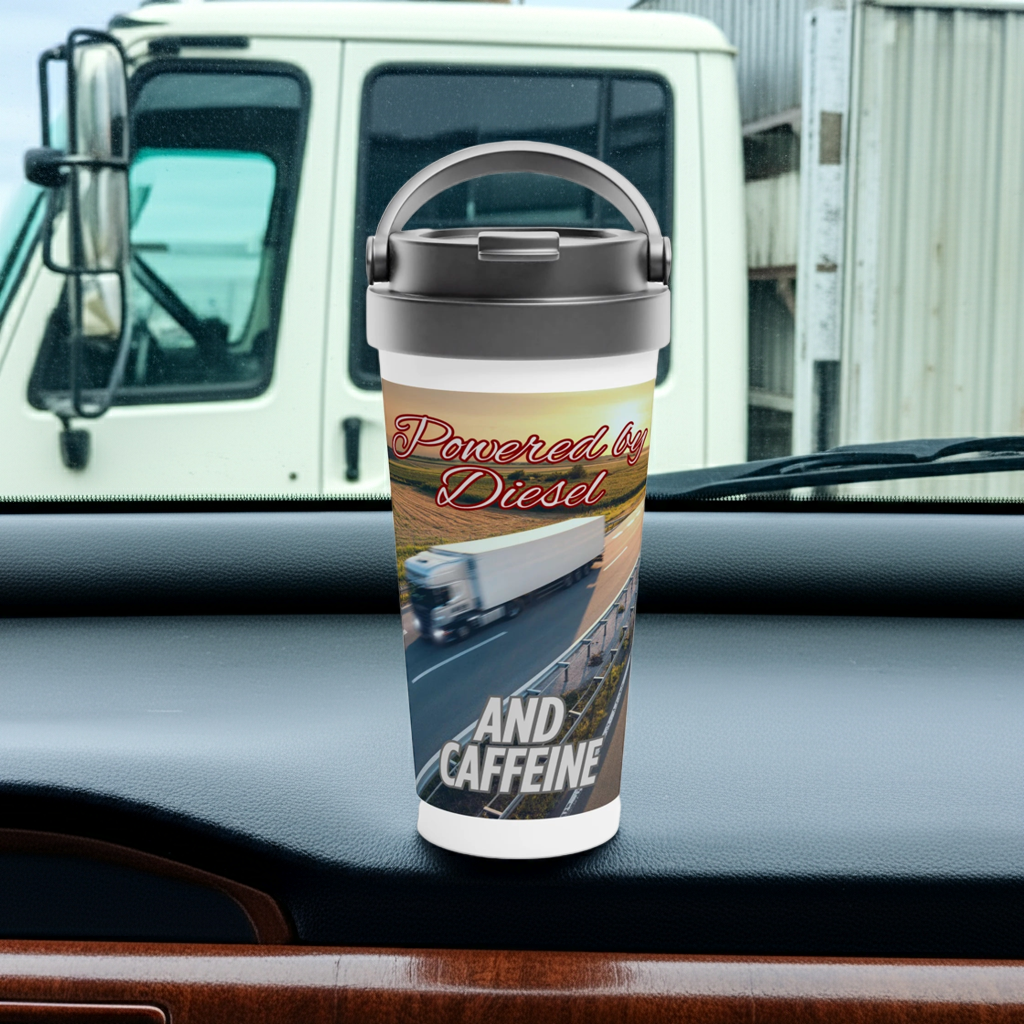 Powered by Diesel & Caffeine 15oz Stainless Steel Travel Mug - Leak-Proof Design
