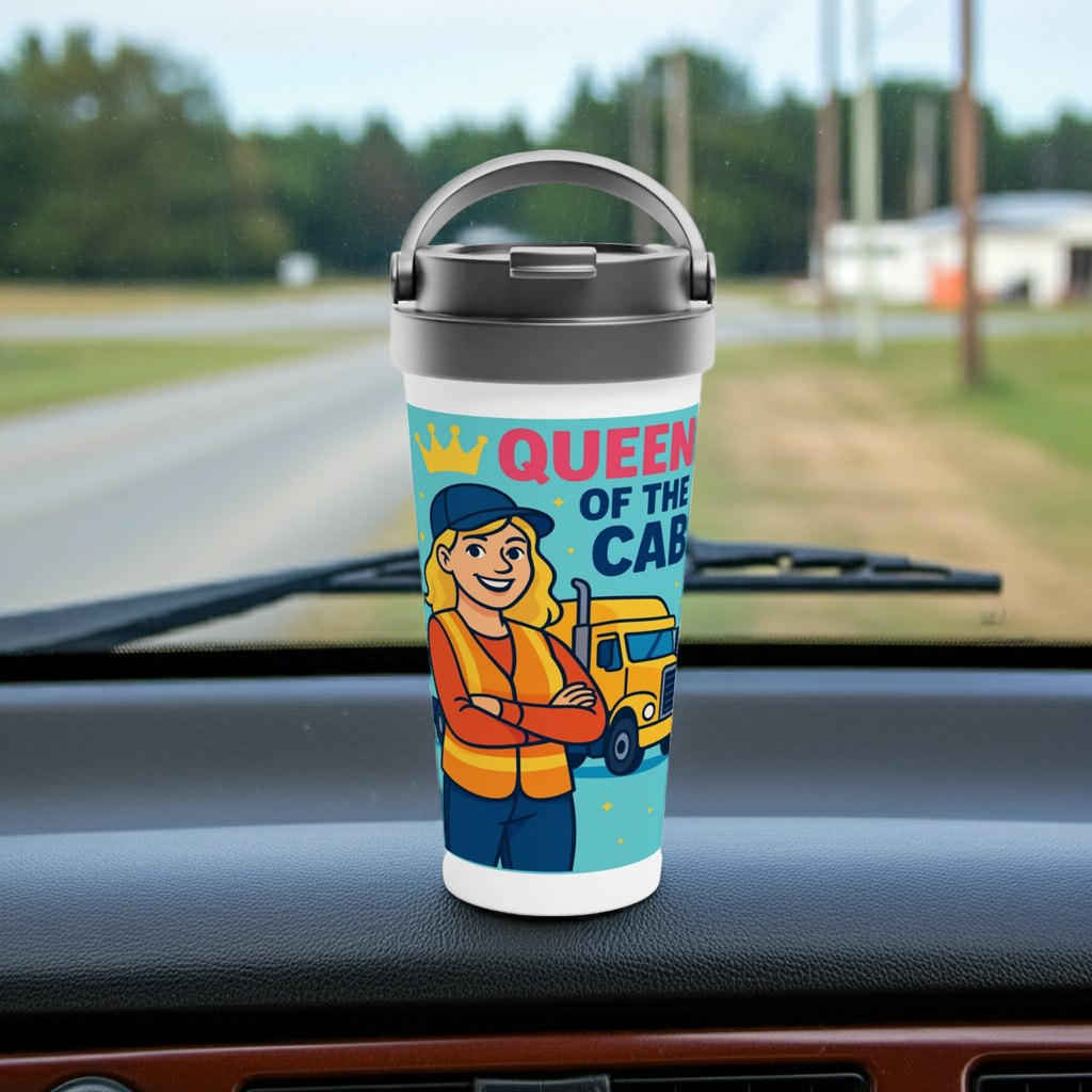 Queen of the Cab (blonde hair) Stainless Steel Travel Mug – 15oz Leak-Proof Design