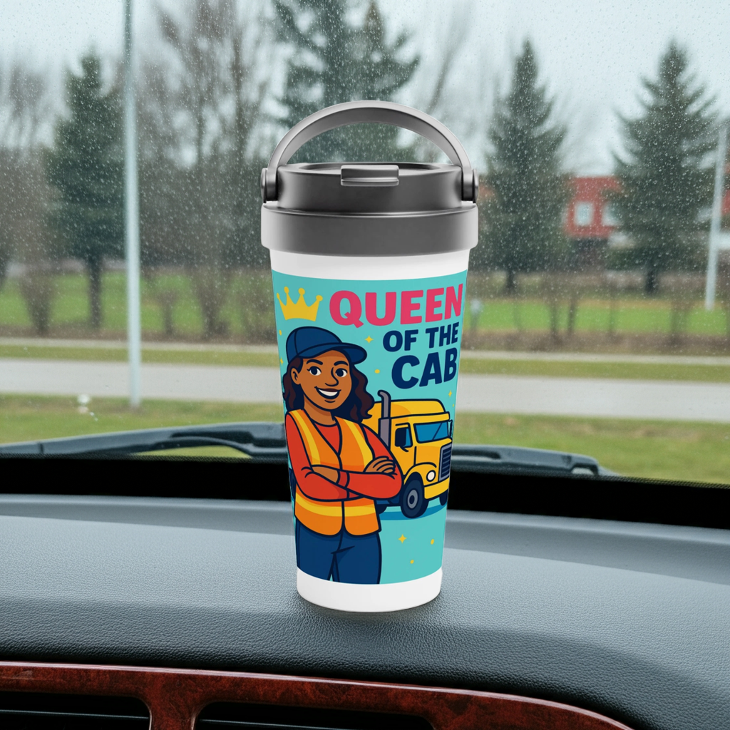 Queen of the Cab (dark hair) Stainless Steel Travel Mug – 15oz Leak-Proof Design